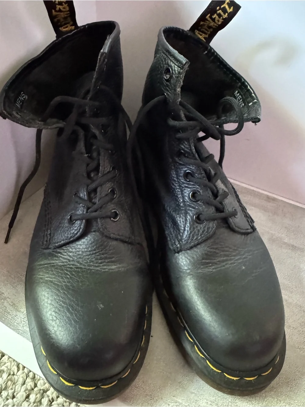 Dr. Martens Black Leather Lace-Up Combat Boots with Yellow Stitching